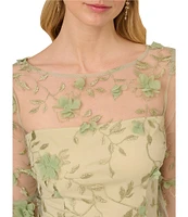 Adrianna Papell Illusion Crew Neck Bell Sleeve Floral Embroidery Sheath Dress