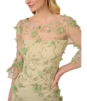 Adrianna Papell Illusion Crew Neck Bell Sleeve Floral Embroidery Sheath Dress