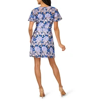 Adrianna Papell Illusion Crew Neck Flutter Sleeve Embroidered Lace Sheath Dress