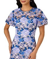 Adrianna Papell Illusion Crew Neck Flutter Sleeve Embroidered Lace Sheath Dress