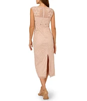 Adrianna Papell Illusion Neck Bead Mesh Column Midi Dress