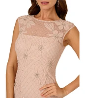 Adrianna Papell Illusion Neck Bead Mesh Column Midi Dress