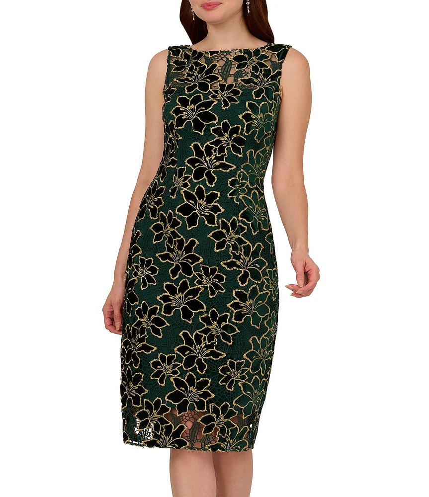 Adrianna Papell Illusion Neck Floral Metallic Lace Sheath Dress