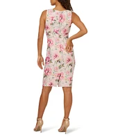 Adrianna Papell Jacquard Floral Print Asymmetrical Neck Sleeveless Sheath Mini Dress