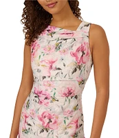 Adrianna Papell Jacquard Floral Print Asymmetrical Neck Sleeveless Sheath Mini Dress