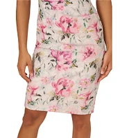 Adrianna Papell Jacquard Floral Print Asymmetrical Neck Sleeveless Sheath Mini Dress