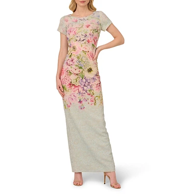Adrianna Papell Jacquard Floral Print Crew Neck Short Sleeve Sheath Gown