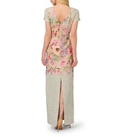 Adrianna Papell Jacquard Floral Print Crew Neck Short Sleeve Sheath Gown