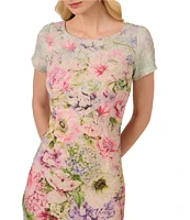 Adrianna Papell Jacquard Floral Print Crew Neck Short Sleeve Sheath Gown