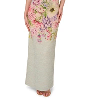 Adrianna Papell Jacquard Floral Print Crew Neck Short Sleeve Sheath Gown