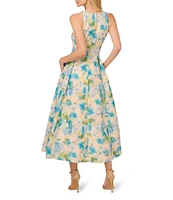 Adrianna Papell Jacquard Floral Print Halter Neck Sleeveless Rosette A-Line Midi Dress