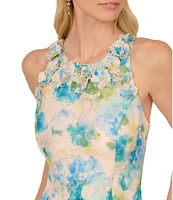 Adrianna Papell Jacquard Floral Print Halter Neck Sleeveless Rosette A-Line Midi Dress
