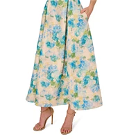 Adrianna Papell Jacquard Floral Print Halter Neck Sleeveless Rosette A-Line Midi Dress
