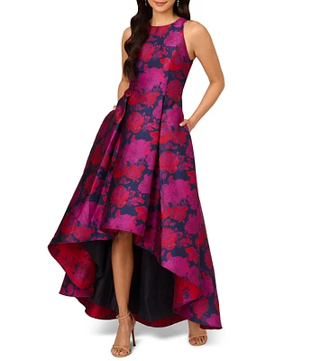 Adrianna Papell Jacquard Floral Print High-Low Crew Neck Sleeveless Long dress