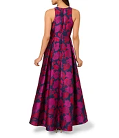 Adrianna Papell Jacquard Floral Print High-Low Crew Neck Sleeveless Long dress