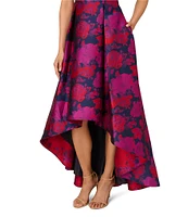 Adrianna Papell Jacquard Floral Print High-Low Crew Neck Sleeveless Long dress