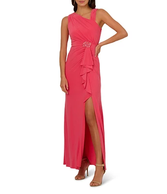 Adrianna Papell Jersey Asymmetrical Neck Sleeveless Ruffle Applique Sheath Gown