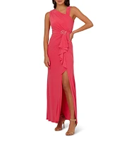 Adrianna Papell Jersey Asymmetrical Neck Sleeveless Ruffle Applique Sheath Gown