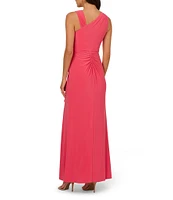 Adrianna Papell Jersey Asymmetrical Neck Sleeveless Ruffle Applique Sheath Gown