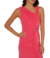 Adrianna Papell Jersey Asymmetrical Neck Sleeveless Ruffle Applique Sheath Gown
