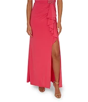 Adrianna Papell Jersey Asymmetrical Neck Sleeveless Ruffle Applique Sheath Gown
