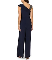 Adrianna Papell Jersey Asymmetrical V-Neck Cap Sleeve Pleated Side Straight Leg Jumpsuit