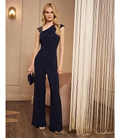 Adrianna Papell Jersey Asymmetrical V-Neck Cap Sleeve Pleated Side Straight Leg Jumpsuit