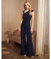 Adrianna Papell Jersey Asymmetrical V-Neck Cap Sleeve Pleated Side Straight Leg Jumpsuit