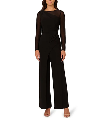 Adrianna Papell Jersey Boat Neck Illusion Sleeve Wide Leg Jumpsuit