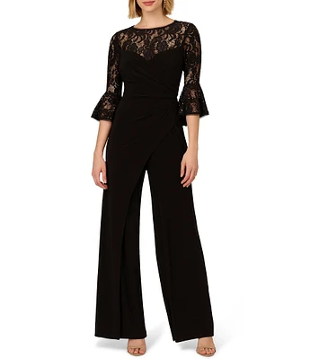 Adrianna Papell Jersey Lace Crew Neck Elbow Sleeve Ruffle Cuff Straight Leg Jumpsuit