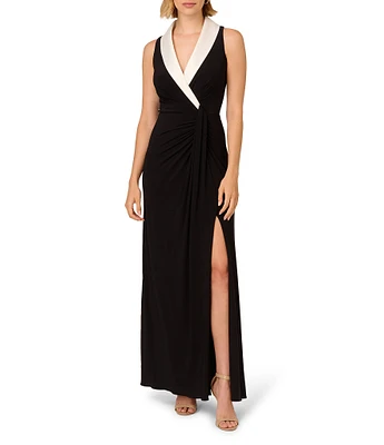 Adrianna Papell Jersey Surplice Lapel Neck Sleeveless Gown