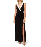 Adrianna Papell Jersey Surplice Lapel Neck Sleeveless Gown