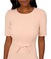 Adrianna Papell Crew Neck Short Sleeve Bow Front Crepe Sheath Dress