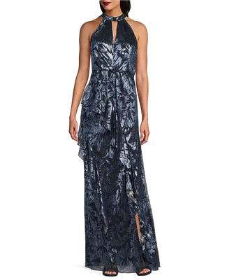 Adrianna Papell Keyhole Halter Neck Sleeveless Floral Print Metallic Crinkle Ruffle Gown