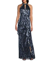 Adrianna Papell Keyhole Halter Neck Sleeveless Floral Print Metallic Crinkle Ruffle Gown