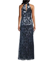 Adrianna Papell Keyhole Halter Neck Sleeveless Floral Print Metallic Crinkle Ruffle Gown