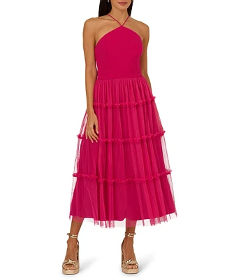 Adrianna Papell Knit And Mesh Halter Neck Sleeveless Tiered Trimmed A-Line Dress