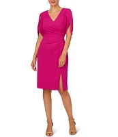 Adrianna Papell Knit Crepe Pearl Trim Short Tulip Sleeve V-Neck Front Slit Sheath Dress