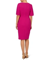 Adrianna Papell Knit Crepe Pearl Trim Short Tulip Sleeve V-Neck Front Slit Sheath Dress