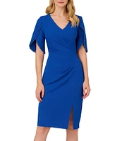 Adrianna Papell Knit Crepe Pearl Trim Short Tulip Sleeve V-Neck Front Slit Sheath Dress