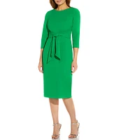 Adrianna Papell Stretch Crepe Crew Neck Tie Waist 3/4 Sleeve Midi Sheath Dress