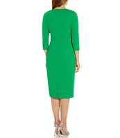 Adrianna Papell Stretch Crepe Crew Neck Tie Waist 3/4 Sleeve Midi Sheath Dress