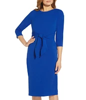 Adrianna Papell Stretch Crepe Crew Neck Tie Waist 3/4 Sleeve Midi Sheath Dress