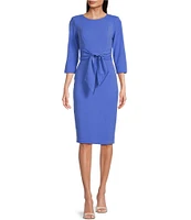 Adrianna Papell Stretch Crepe Crew Neck Tie Waist 3/4 Sleeve Midi Sheath Dress