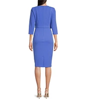 Adrianna Papell Stretch Crepe Crew Neck Tie Waist 3/4 Sleeve Midi Sheath Dress