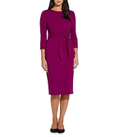 Adrianna Papell Stretch Crepe Crew Neck Tie Waist 3/4 Sleeve Midi Sheath Dress