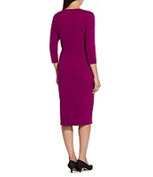 Adrianna Papell Stretch Crepe Crew Neck Tie Waist 3/4 Sleeve Midi Sheath Dress