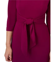 Adrianna Papell Stretch Crepe Crew Neck Tie Waist 3/4 Sleeve Midi Sheath Dress