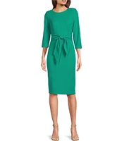 Adrianna Papell Stretch Crepe Crew Neck Tie Waist 3/4 Sleeve Midi Sheath Dress