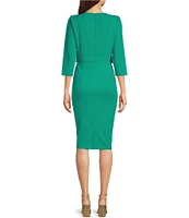 Adrianna Papell Stretch Crepe Crew Neck Tie Waist 3/4 Sleeve Midi Sheath Dress